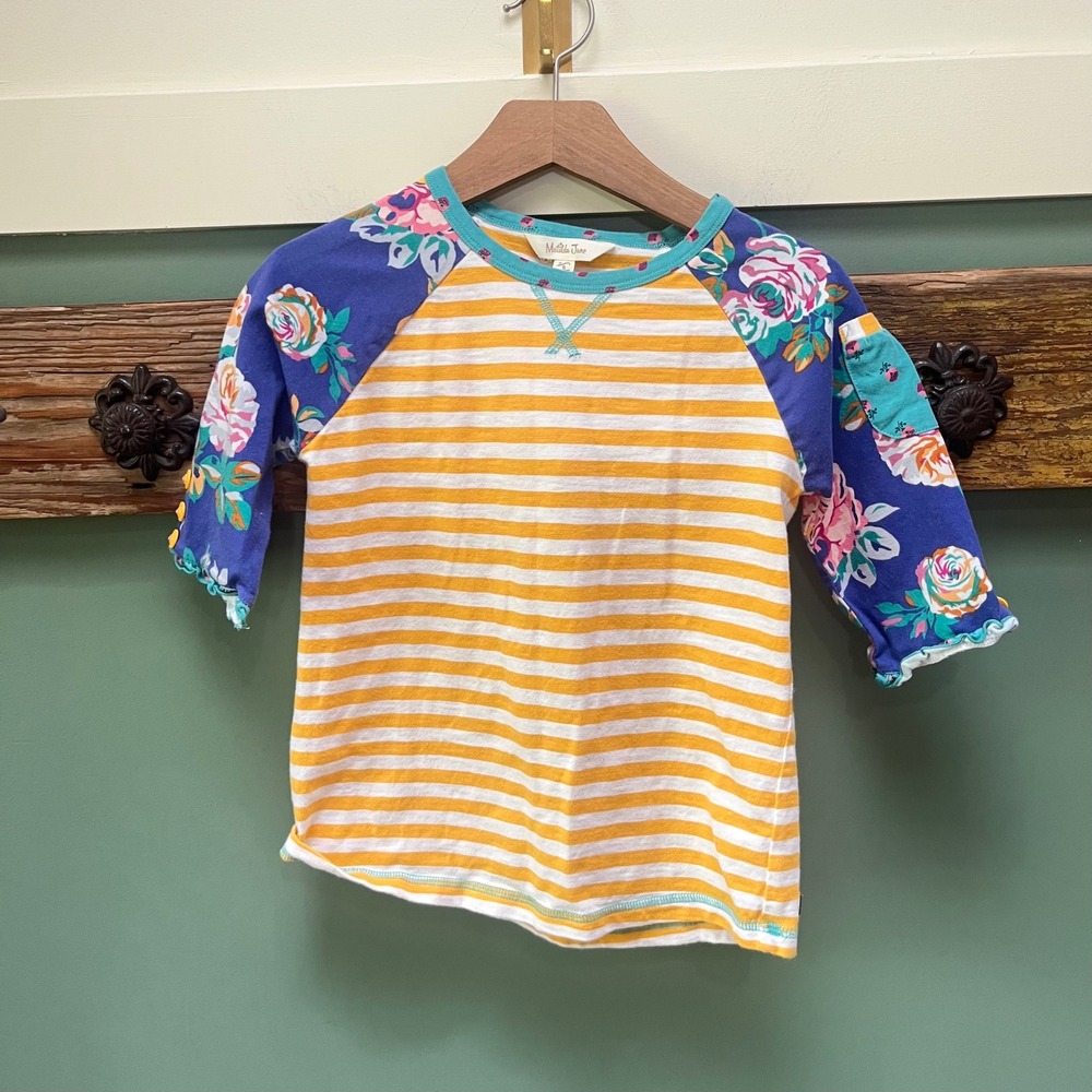 Matilda Jane Girls Yellow Striped Floral Raglan 3/4 Sleeve Top Size 8